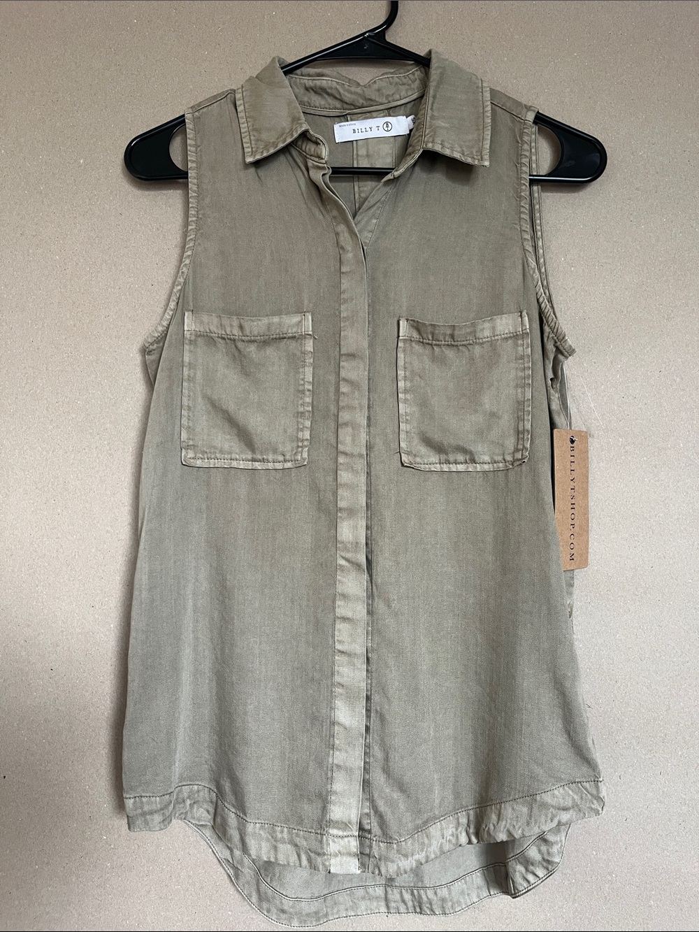 BILLY T 100% Lyocell Sleeveless Button-Up Shirt Khaki NWT size XS